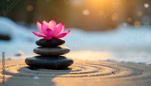 Tres piedras apiladas con una flor de loto rosa sobre una arena con patrones circulares, en un entorno luminoso con un cielo azul