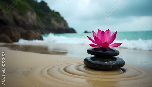 Tres piedras apiladas con una flor de loto rosa sobre una arena con patrones circulares, en un entorno luminoso con un cielo azul