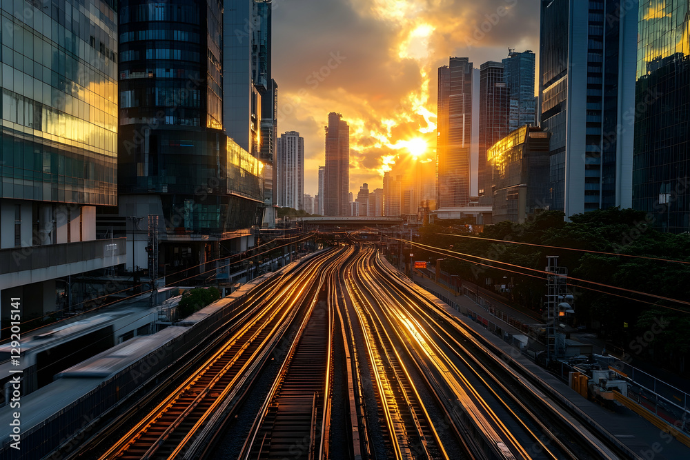 Sunset Over City Train Tracks with Warm Light and Modern Architecture Sunset Over City Train Tracks with Warm Light and Modern Architecture