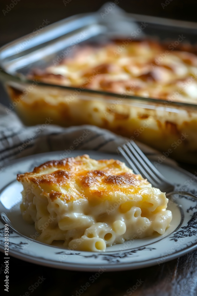 Golden baked mac and cheese with crispy topping, served on a plate with background Golden baked mac and cheese with crispy topping, served on a plate with background