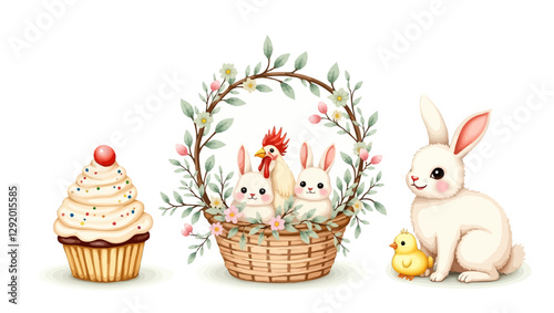A festive Easter composition featuring two baby bunnies, a chicken, and a woven basket decorated with greenery and pastel elements.