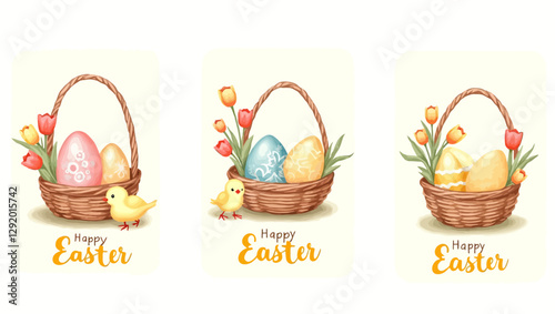  Three Easter baskets with colorful eggs, baby chicks, and soft floral arrangements, creating a cozy and festive spring illustration.