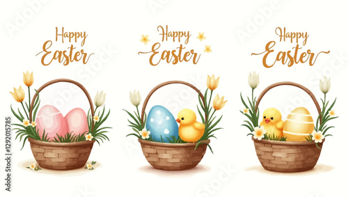 A set of three different Easter baskets, each filled with decorated eggs and small chicks, conveying a festive holiday atmosphere.