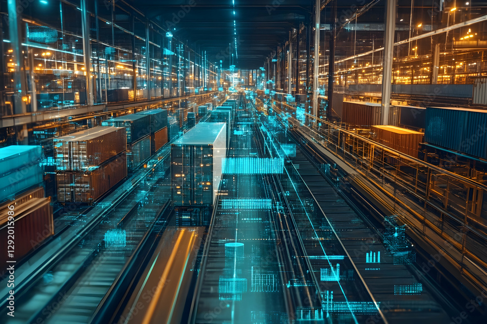 Technology-driven logistics and supply chain advancement concept with a futuristic overlay Technology-driven logistics and supply chain advancement concept with a futuristic overlay