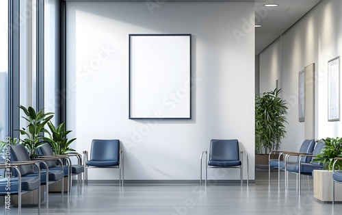  A mockup of an empty white poster on the wall in modern hospital waiting room with comfortable chairs and medical equipment. empty white blank poster on white wall in hospital, white board 