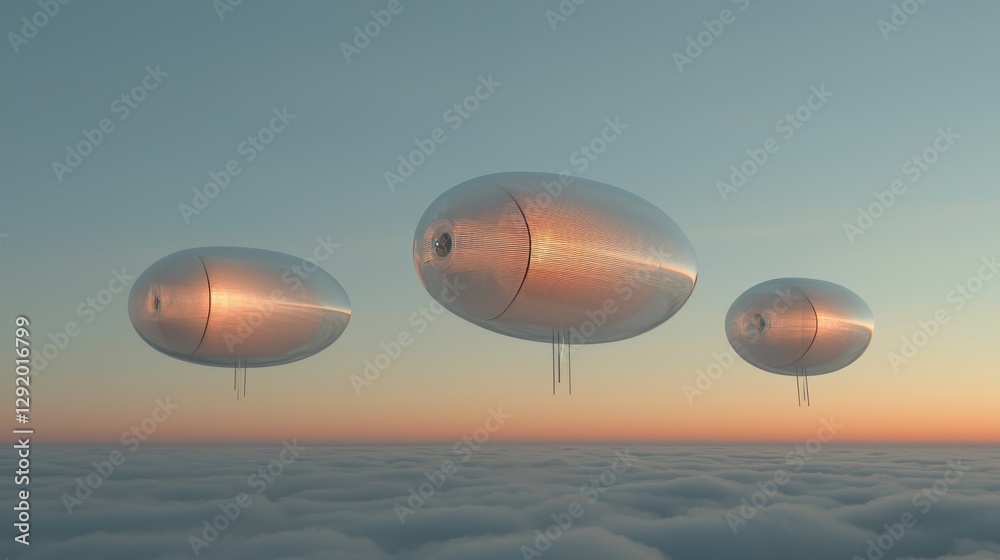 Naklejka premium Futuristic Airships Floating Above Clouds at Sunrise in Soft Colors