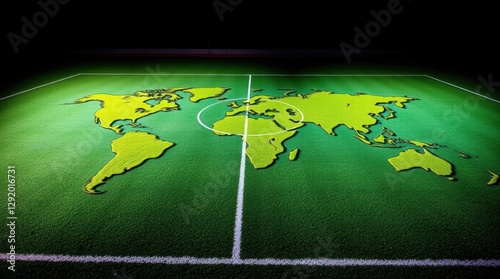 Creative world map design displayed on a vibrant football pitch designed for a global sports event