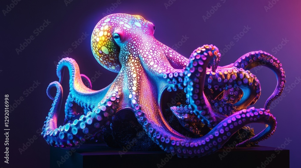 Obraz premium Vibrant Rainbow Octopus 4K - A colorful octopus, symbolizing intelligence, adaptability, mystery, camouflage, and the ocean's depths. Beautiful 4k