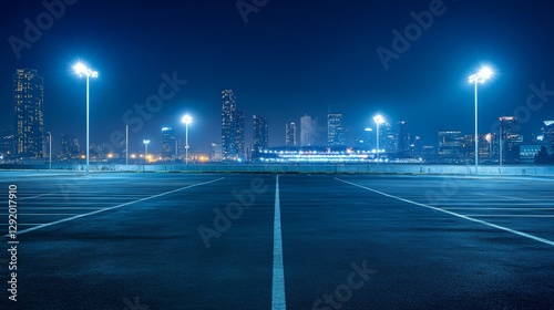 Empty parking lot at night with city skyline in the background. The background is blurry due to bright stadium lights.