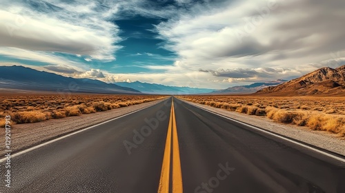 Explore the endless desert road under a dramatic sky and mountains, inviting you on an adventurous journey. Perfect as a backdrop for your designs. photo