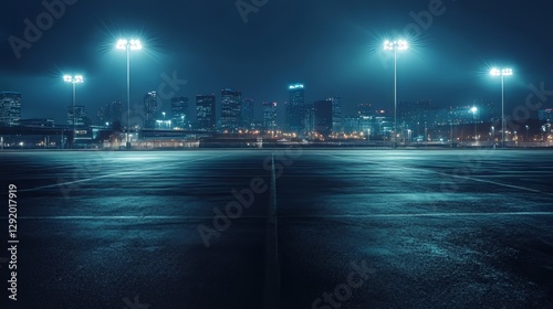 Empty parking lot at night with city skyline in the background. The background is blurry due to bright stadium lights. photo