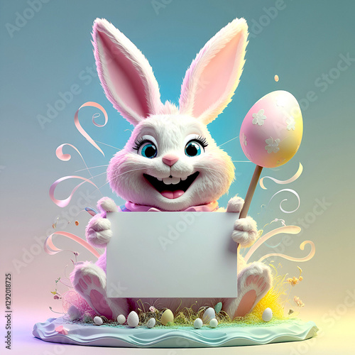 Cute happy Easter bunny holding a blank sign.