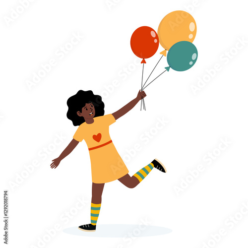 Young girl happily holding colorful balloons while playing outdoors in a sunny environment