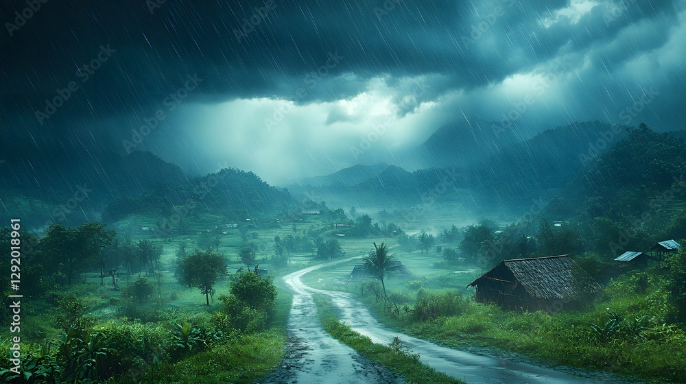 Fototapeta premium Rain Shower Over Lush Mountainous Countryside 