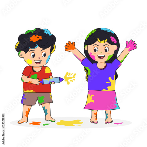 vector illustration of cartoon kids playing with colors and water gun, Holi celebrating, fun, happy kids, festival of colors, a boy and a girl playing with colors, cute colorful character. Happy Holi