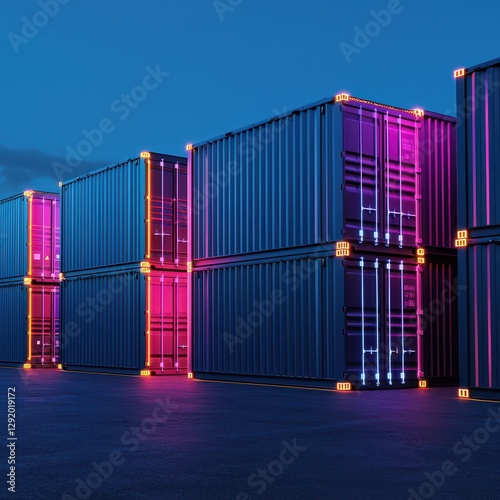 Colorful Shipping Containers Illuminated at Dusk in Urban Setting