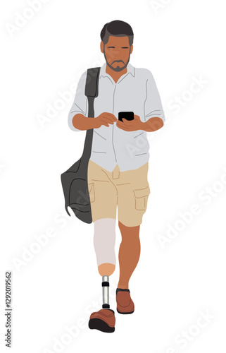 Handsome man with prosthetic lower limb in summer clothes. Male character with artificial leg walking and using mobile phone. Vector realistic illustration isolated