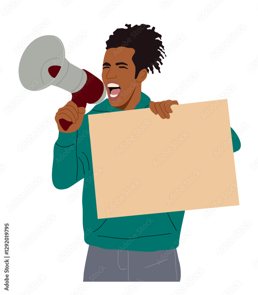 Fototapeta premium Young black man activist with megaphone and blank placard. African american guy taking part in protest for human rights, shouting through loudspeaker. Vector realistic illustration isolated