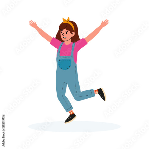Young girl joyfully jumping in a playful pose on a bright background