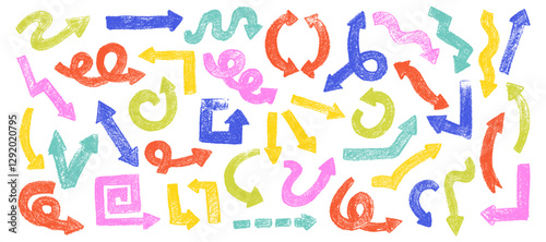 Set of  doodle arrows with crayon texture. Chalk pencil arrows in kid sketch style. Scribble arrow with crayon  stroke and  lines.