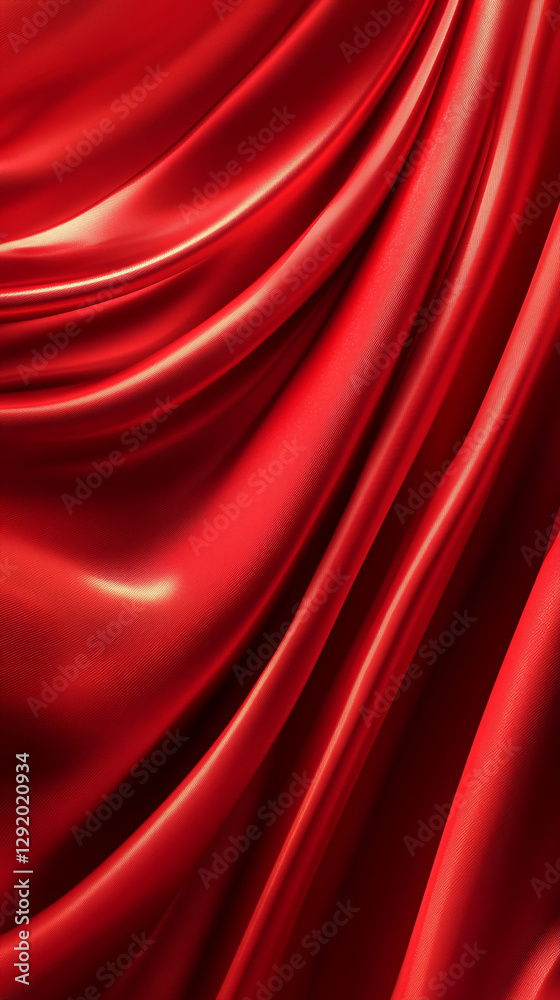 Fototapeta premium A close-up of vibrant red satin fabric with soft folds and a glossy finish, showcasing luxurious texture and elegance, symbolizing passion, luxury, and sensuality.