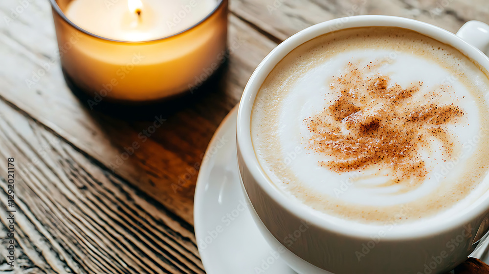 A cup of coffee with a swirl of cream and a candle in the background. generated using AI A cup of coffee with a swirl of cream and a candle in the background. generated using AI
