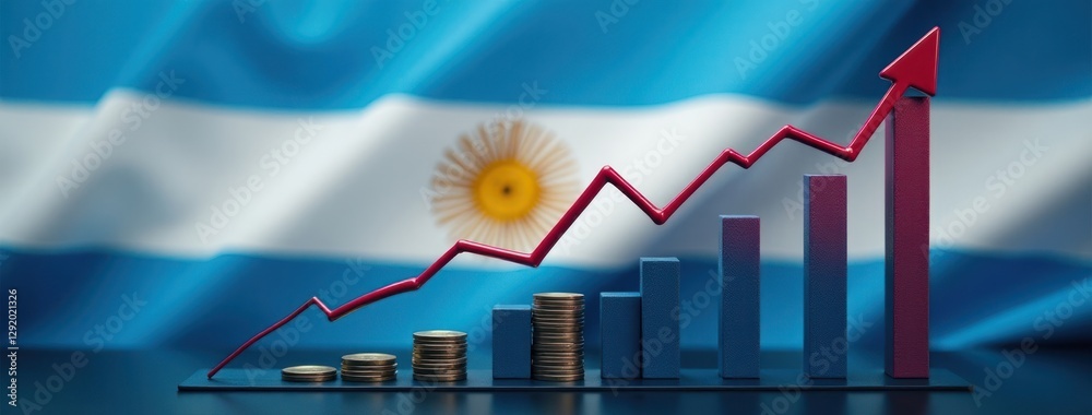Fototapeta premium Argentinian Economic Growth with Coin Stacks and Upward Arrow. Argentina Finance. Ideal for illustrating Argentinian economic growth, financial news related to Argentina