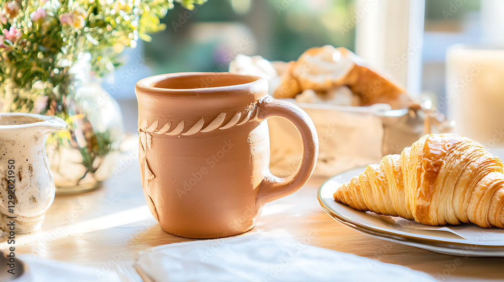 A table with a plate of croissants and a cup of coffee. generated using AI A table with a plate of croissants and a cup of coffee. generated using AI