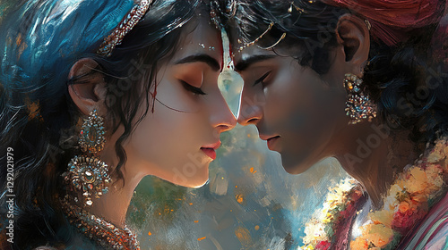 Romantic hindu couple embracing fantasy forest digital art enchanted atmosphere close-up love and unity