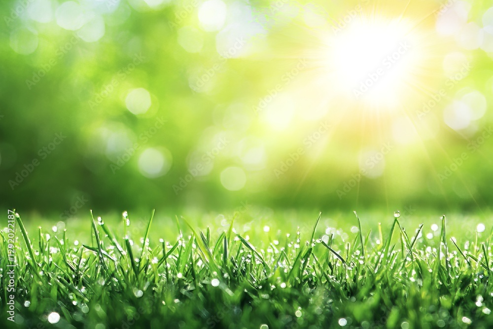 Fototapeta premium In the spring and summer, a large droplet of water sparkles on a leaf of grass against a vibrant green natural background at morning dew