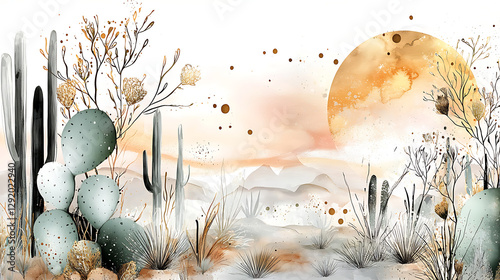 A desert landscape with cacti and a large sun in the sky. generated using AI