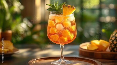 Vibrant Pineapple Cocktail with Ice and Pineapple Garnish. Generative AI photo