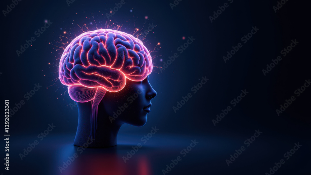 Fototapeta premium Image depicts a human head with an AI brain graphic superimposed on top of it, symbolizing artificial general intelligence (AGI).