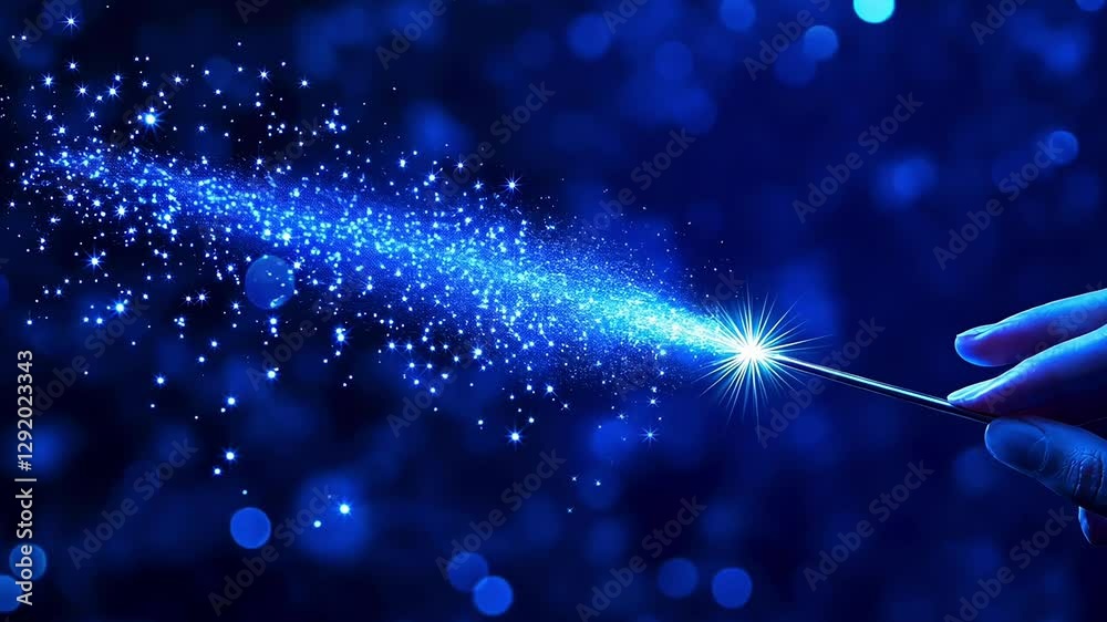 Hand holding magic wand emitting blue sparkling light on a defocused background