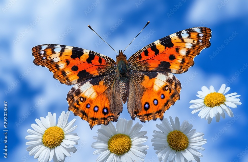 Obraz premium The image depicts a macro view of chamomile daisies set against a blue sky with sunshine in a summer or spring field, complete with a flying butterfly and ample copy space in the natural landscape