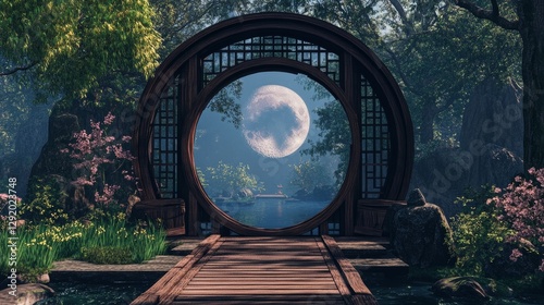 Chinese wooden moon gate leading into a Zen garden.