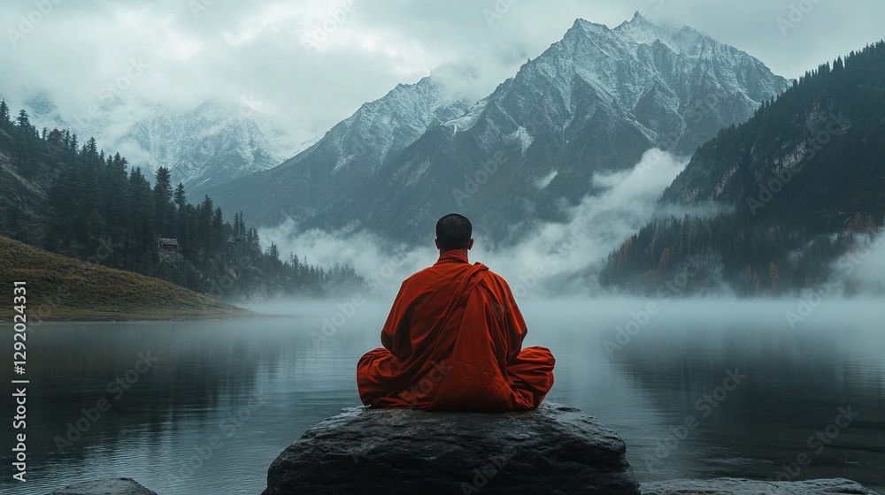 A Tibetan monk seated on a stone by the water, with foggy mountains in the background A Tibetan monk seated on a stone by the water, with foggy mountains in the background