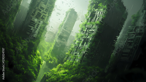 Fototapeta Naklejka Na Ścianę i Meble -  Digital city emerges through lush green jungle landscape. Overgrown Cyber Ruins. Illustration