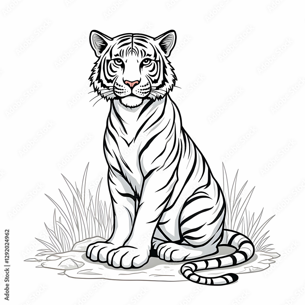 Fototapeta premium Tiger Sitting with Curled Tail Line Art