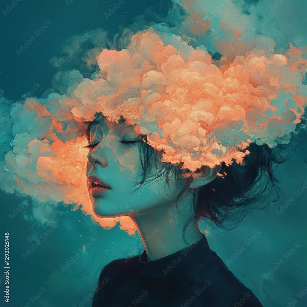 Dreaming woman, clouds, teal sky, serene portrait Dreaming woman, clouds, teal sky, serene portrait