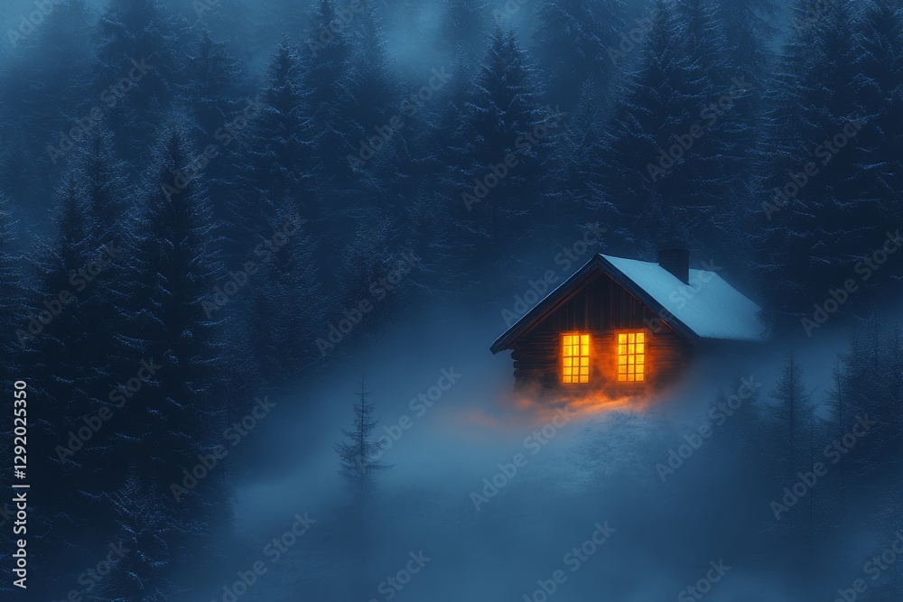 Cozy cabin with glowing window in winter night Cozy cabin with glowing window in winter night