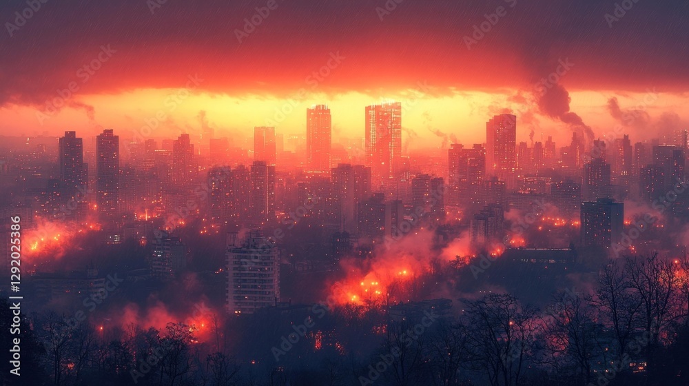 Obraz premium Smoke and Fire in a City at Sunset with Distant Buildings. Generative AI