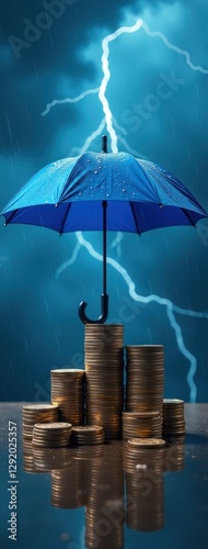 Wallpaper Mural Financial Protection Umbrella Sheltering Coin Stacks from Storm. Insurance Metaphor. Ideal for illustrating themes about financial protection, insurance products, safeguarding investments Torontodigital.ca