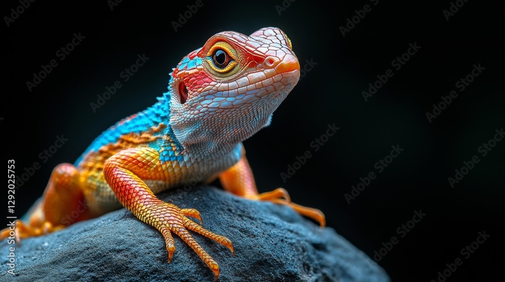 Fototapeta premium Tropical Lizard Sunbathing on a Rock with Vibrant Colors and Details. Generative AI