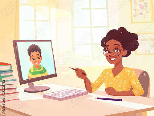 Illustration of a teacher in an online class. A smiling woman points at a screen with a student. Modern distance learning in a cozy interior. Bright style, perfect for education and e-learning themes. photo