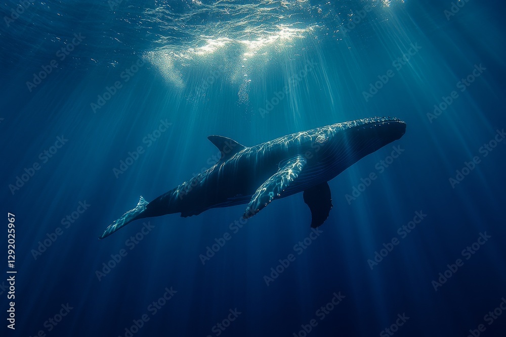 Whale in ocean with sunbeams shining through water and deep blue backdrop Whale in ocean with sunbeams shining through water and deep blue backdrop