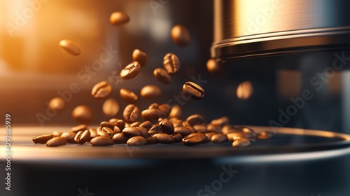 Fresh coffee beans falling from a grinder in a cozy café with warm lighting and blurred background