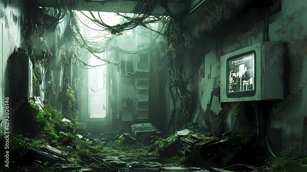 Fototapeta premium Overgrown vines entwine broken machinery in this eerie, futuristic setting. Overgrown Cyber Ruins. Illustration