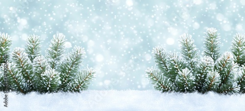 The scene depicts a blue winter Christmas nature background in a wide format, with snow-covered fir branches and a snowdrift set against a defocused blurred forest and falling snow, captured in
