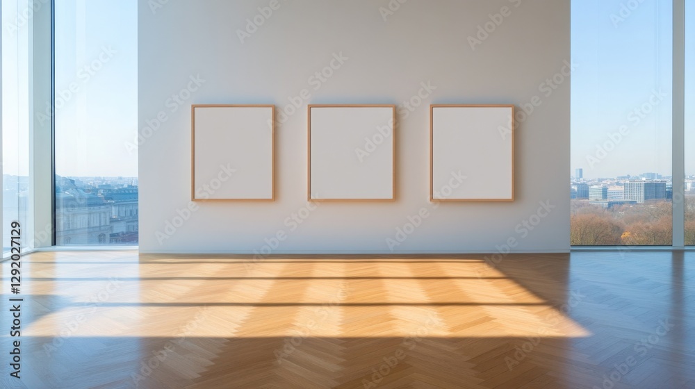 Obraz premium Minimalist Gallery Interior With Three Empty Frames